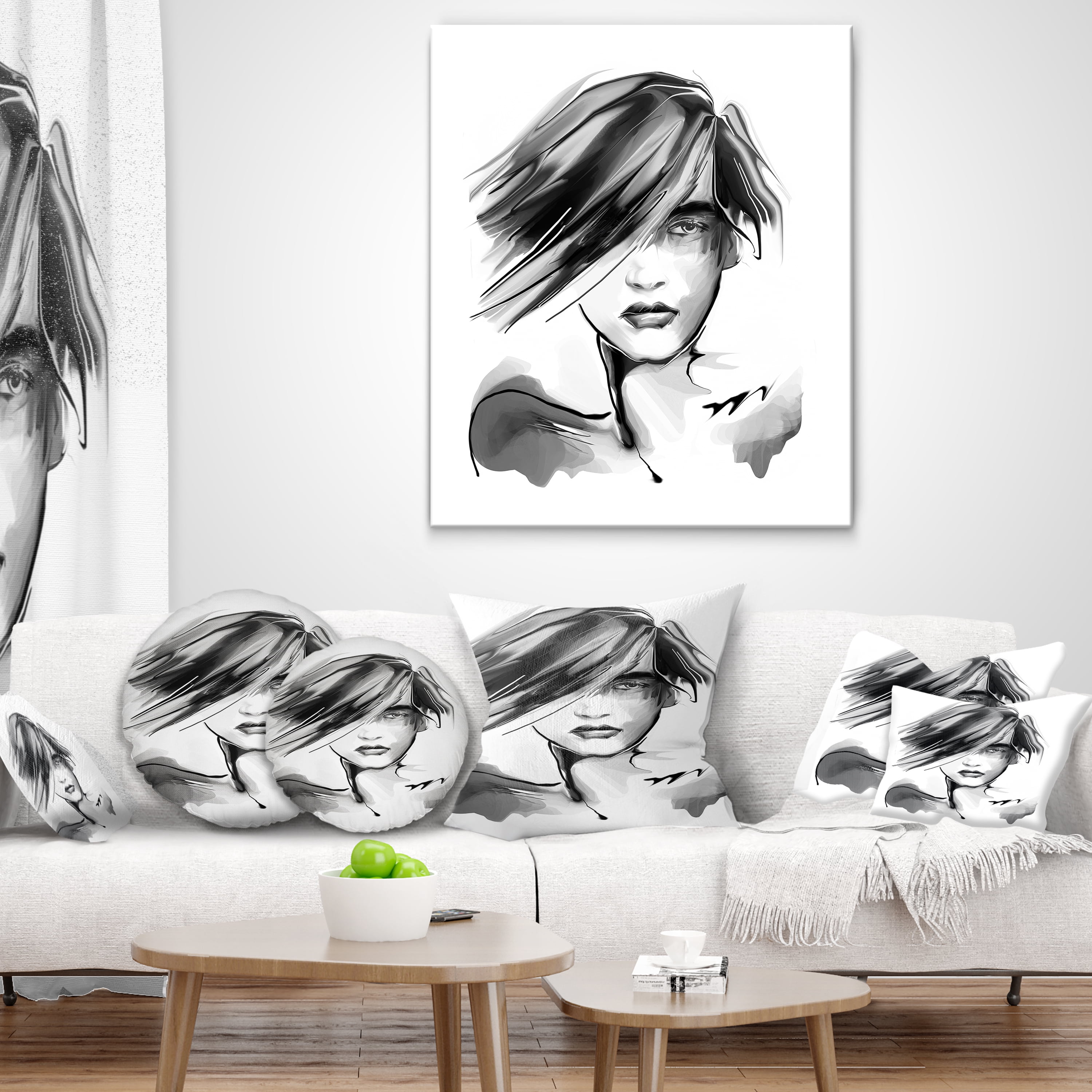 Designart Young Woman Black White - Abstract Portrait Throw Pillow - 12x20
