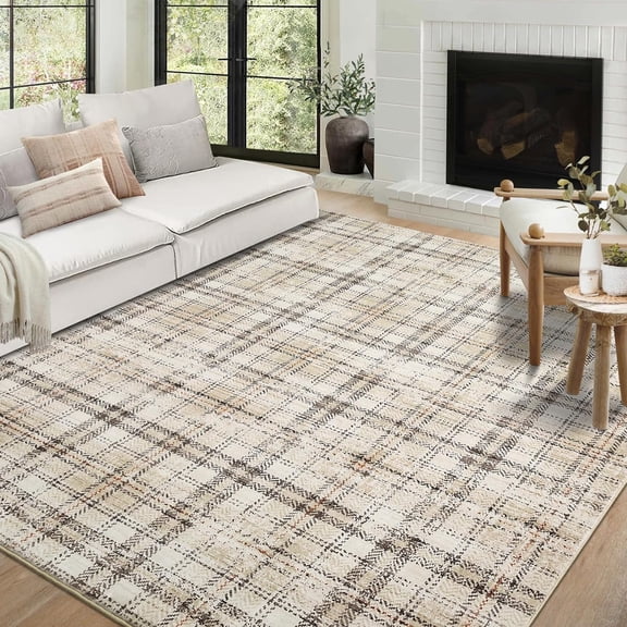Washable Area Rug 4x6 Rug Modern Plaid Area Rug for Bedroom Non-Slip Entryway Rug Ultra Soft Living Room Rug Tartan Low-Shed Stain-Resistant Carpet