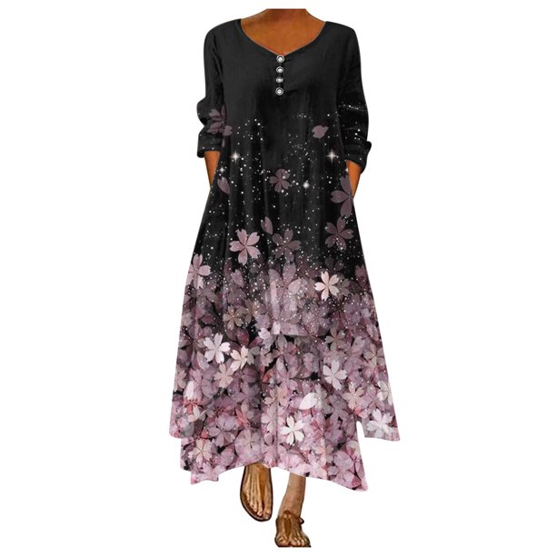 Vestido de manga larga irregular con dobladillo de bolsillo estampado con botones y cuello en O para mujer Fridja nbo73