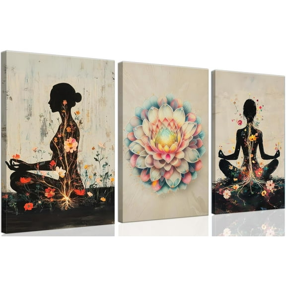 Modern Abstract African American Women Wall Art Set of 3 Painting Canvas Prints,Boho Black Girl with Floral Accents, Inspirational and Trend Poster for Living Room,Bedroom