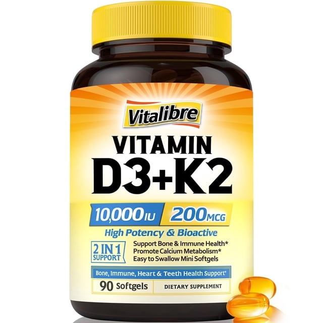Suplemento Vitalibre de vitamina D3 K2, 10000 IU/ 200 mcg, cápsulas blandas