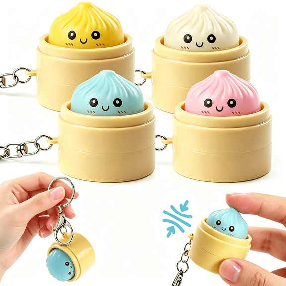 DESIGNICE 4 Pack Dumpling Keychains, Cute Fidget Clicker Keychain, Funny Faces Dumpling Clicker, Portable Click Fidget Keychain for Kids and Adults