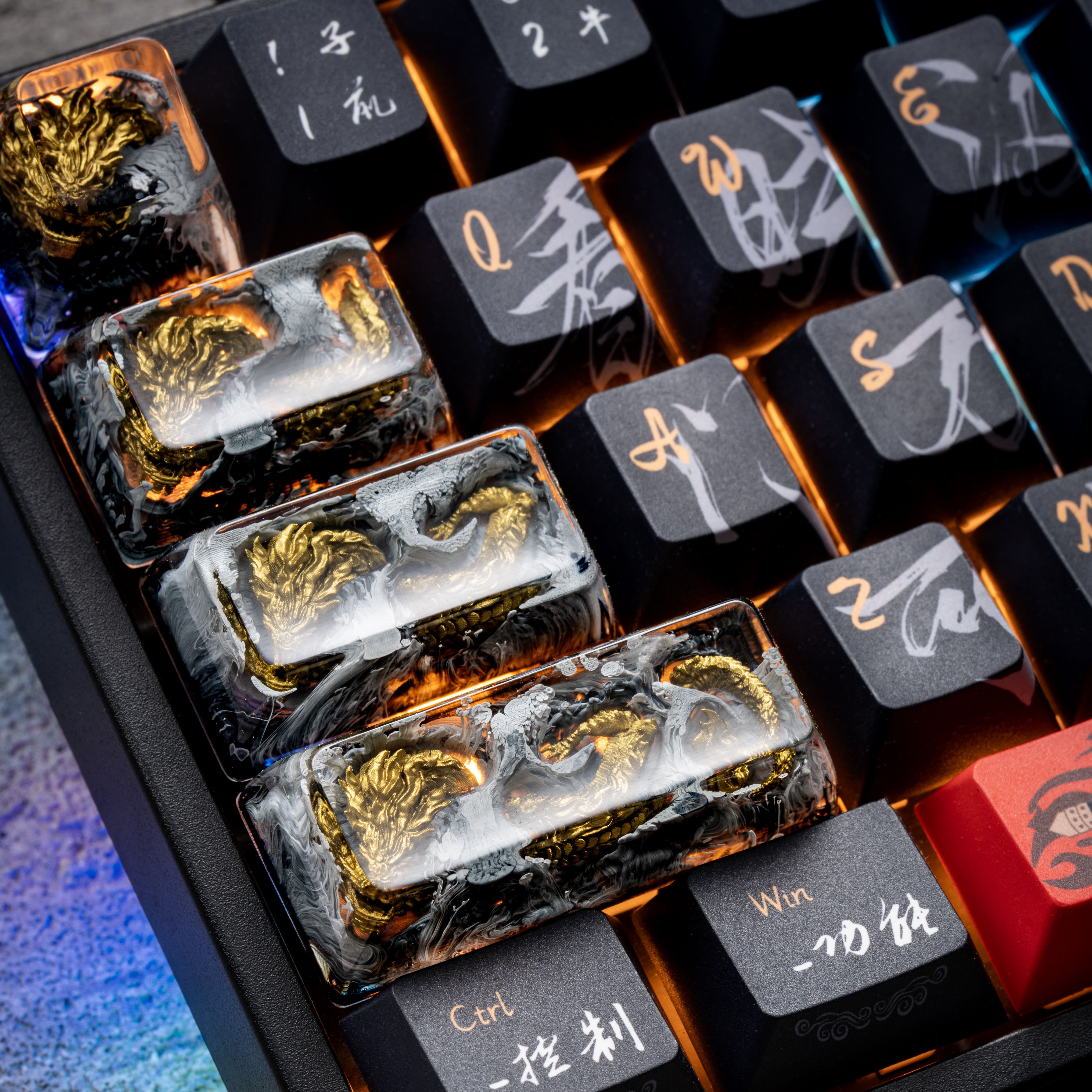Dragon Artisan Keycaps for Mechanical Keyboard, Black & Gold Resin Keycap Set, Handmade 3D Design - Unique Birthday Gift for Men