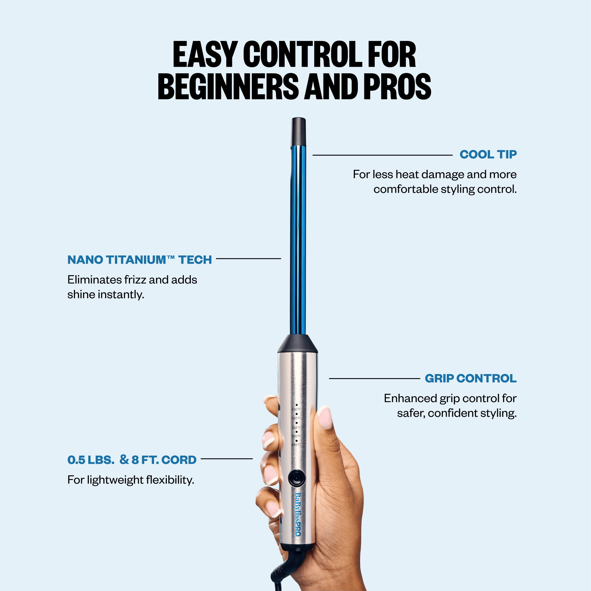 BaBylissPRO Nano Titanium Small Curling Iron, ½” Barrel, All Hair Types, 1 Count