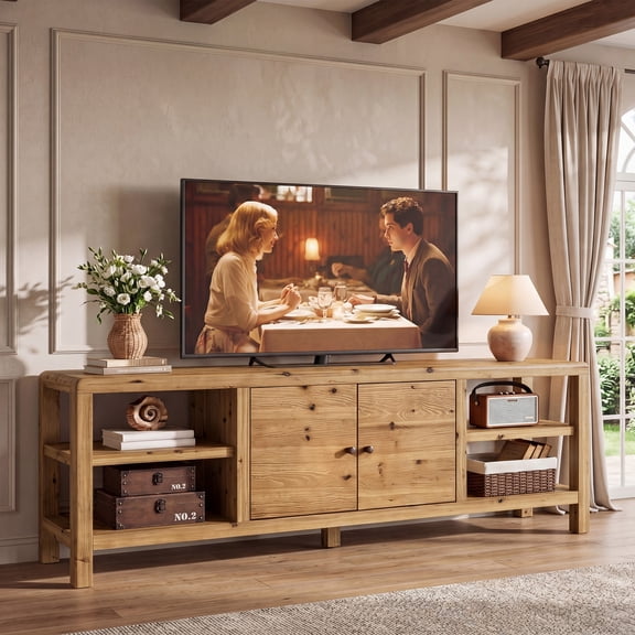 70.9-Inch Solid Wood TV Stand – Farmhouse Entertainment Center with Storage Shelves & Cabinet Door for TVs up to 80 Inches, Rustic Media Console