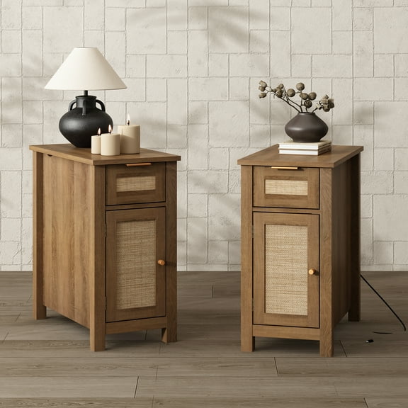 PieDle Farmhouse Rattan End Table Set of 2 with Charging Station, Narrow Side Table for Living Room, Bedside Table with Drawer and Storage Cabinet, Adjustable Shelf Nightstand