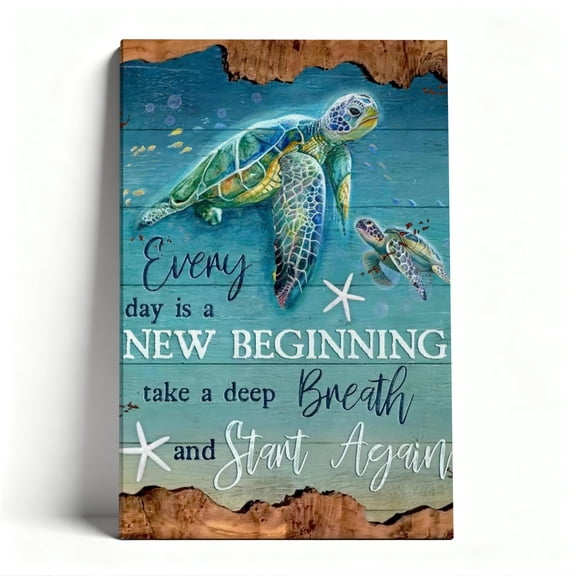 Sea Turtle "New Beginning" Canvas Wall Art, Coastal Rustic Decor, Inspirational Ocean Artwork for Bathroom, Ready to Hang