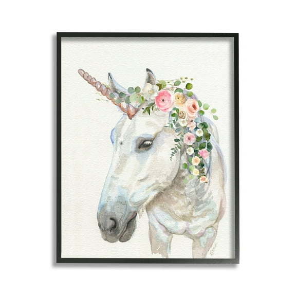 Stupell Industries Unicorn & Flower Garland Fairy Tales & Fantasy Painting Black Framed Art Print Wall Art, 11 x 14