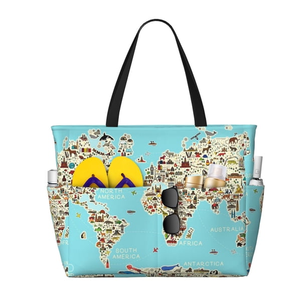 Disketp World Travel Line Icons Map Bolsa de Playa de Gran Capacidad, Bolso Impermeable y a Prueba de Arena para Mujer, Ideal para Playa, Piscina y Natación