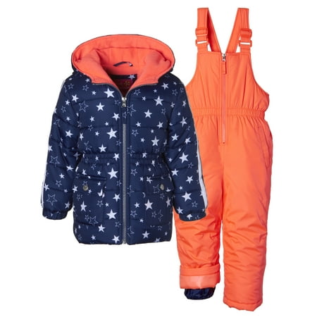 Pink Snowsuit - Metallic Star Print Puffer Jacket Coat & Snowbib, 2-Piece Snowsuit