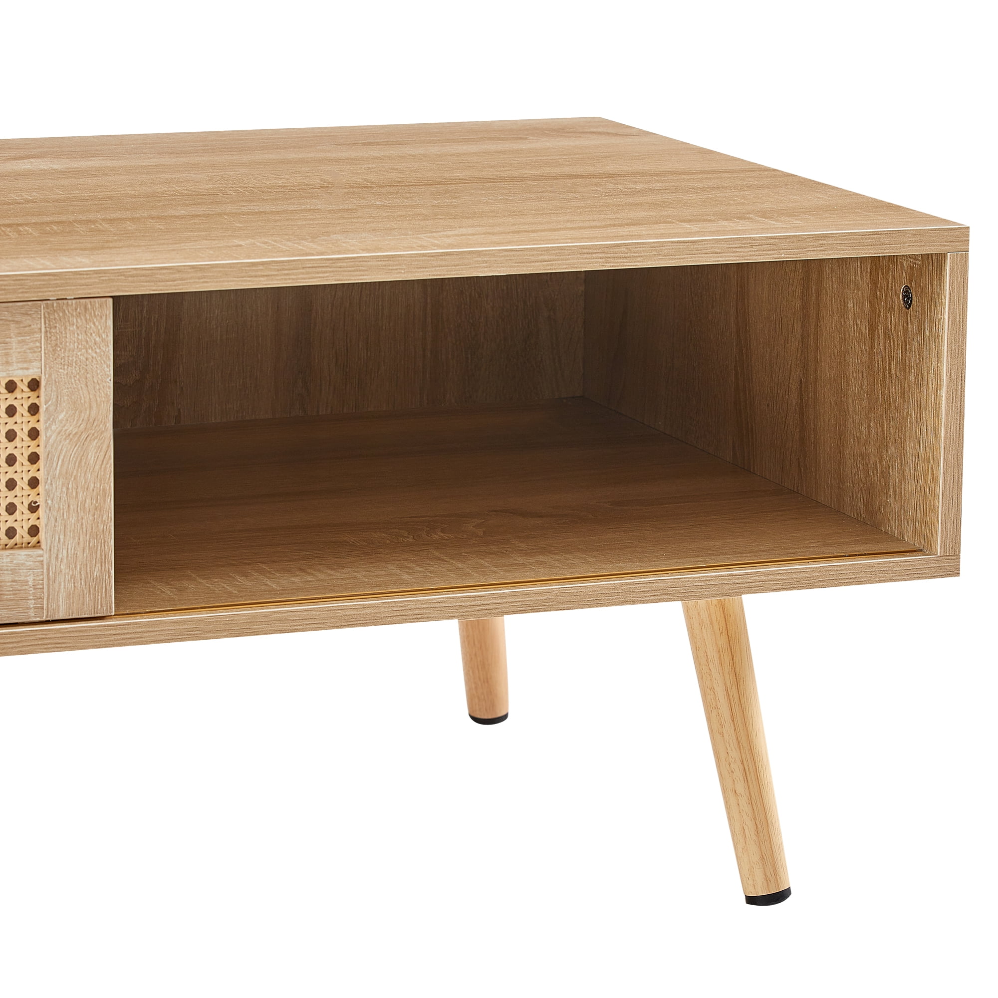 Coffee Table, Side Table, Console Table With Rattan Sliding Door Storage Solid Wood Legs Modern Design For Living Room Office, Natural MDF Table