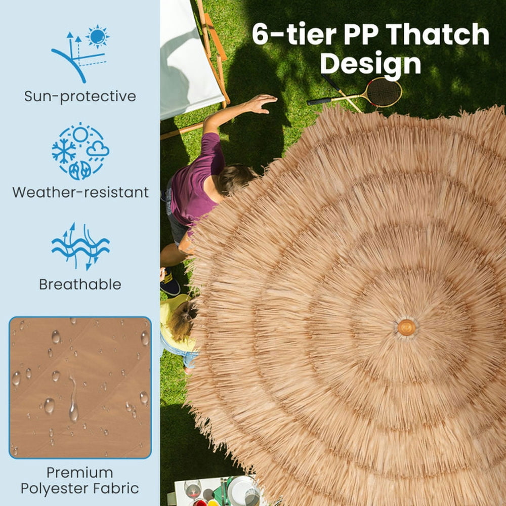 Aimee Lii 6.5 Feet Thatched Umbrella with Foldable Stand Push Button Tilt, Patio Umbrella, Outdoor Market Umbrella-Natural