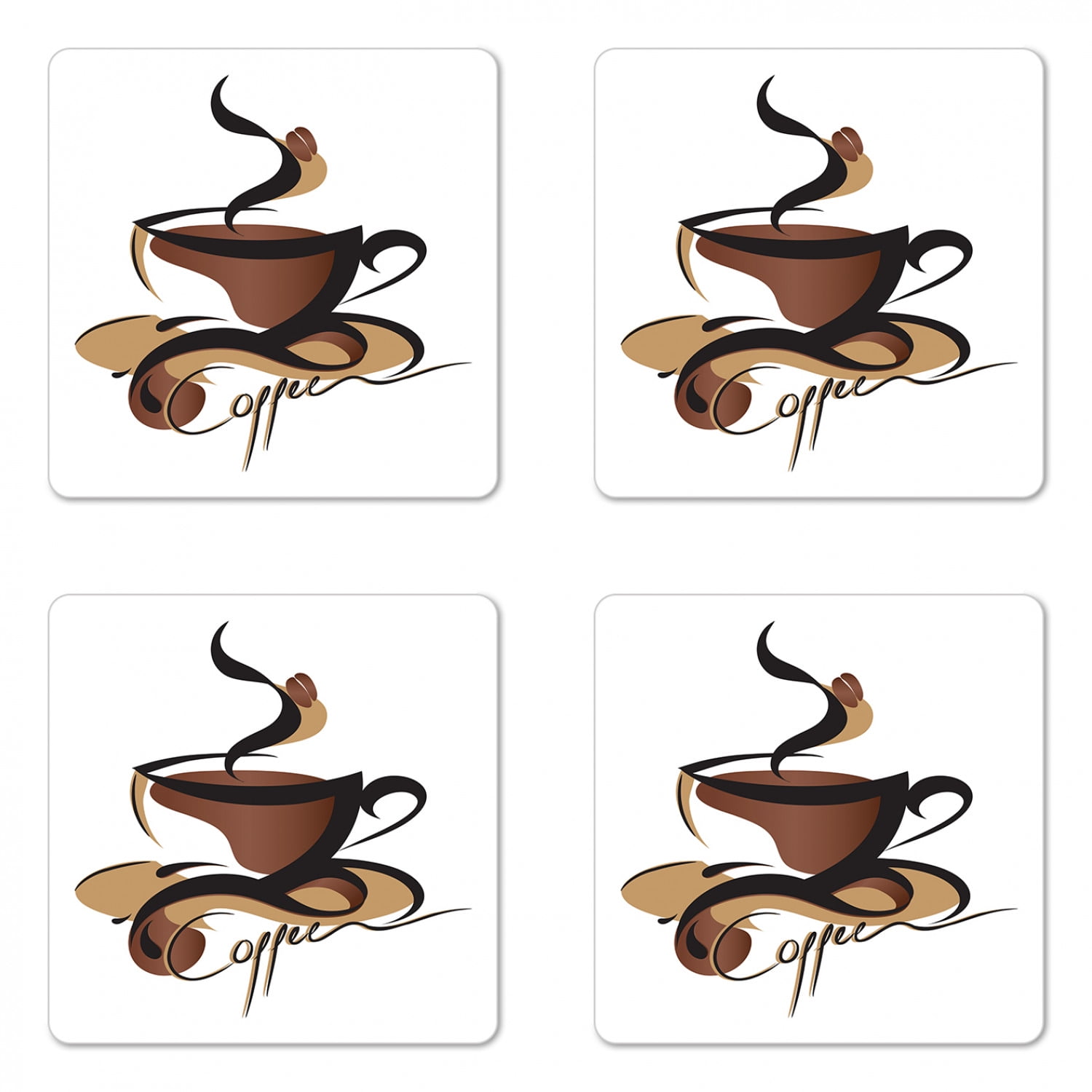 Coffee Coaster Set of 4, Coffee Cup with Abstract Curved Lines Refreshing Aromatic Drink Pattern