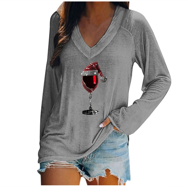 Blouses pour Femmes, Blouses pour Femmes Mode, Blouse de Noël Imprimée Ample à Manches Longues Col en V Décontractée, Blouses pour Femmes Mode, Blouses à Manches Longues pour Femmes