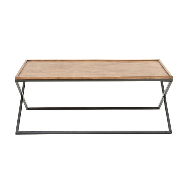 Contemporary 19 X 48 Inch Iron and Rubber Wood Coffee Table, Light