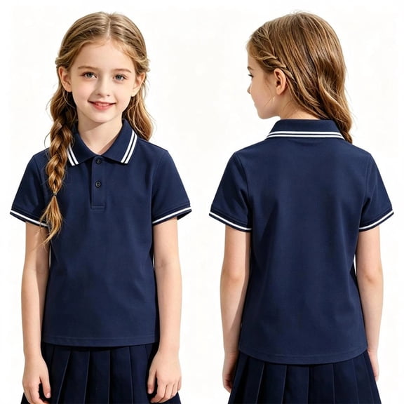 Girls Polo Uniform Shirt Short Sleeve Casual Summer Comfy Pique Top Striped Collar Back to School