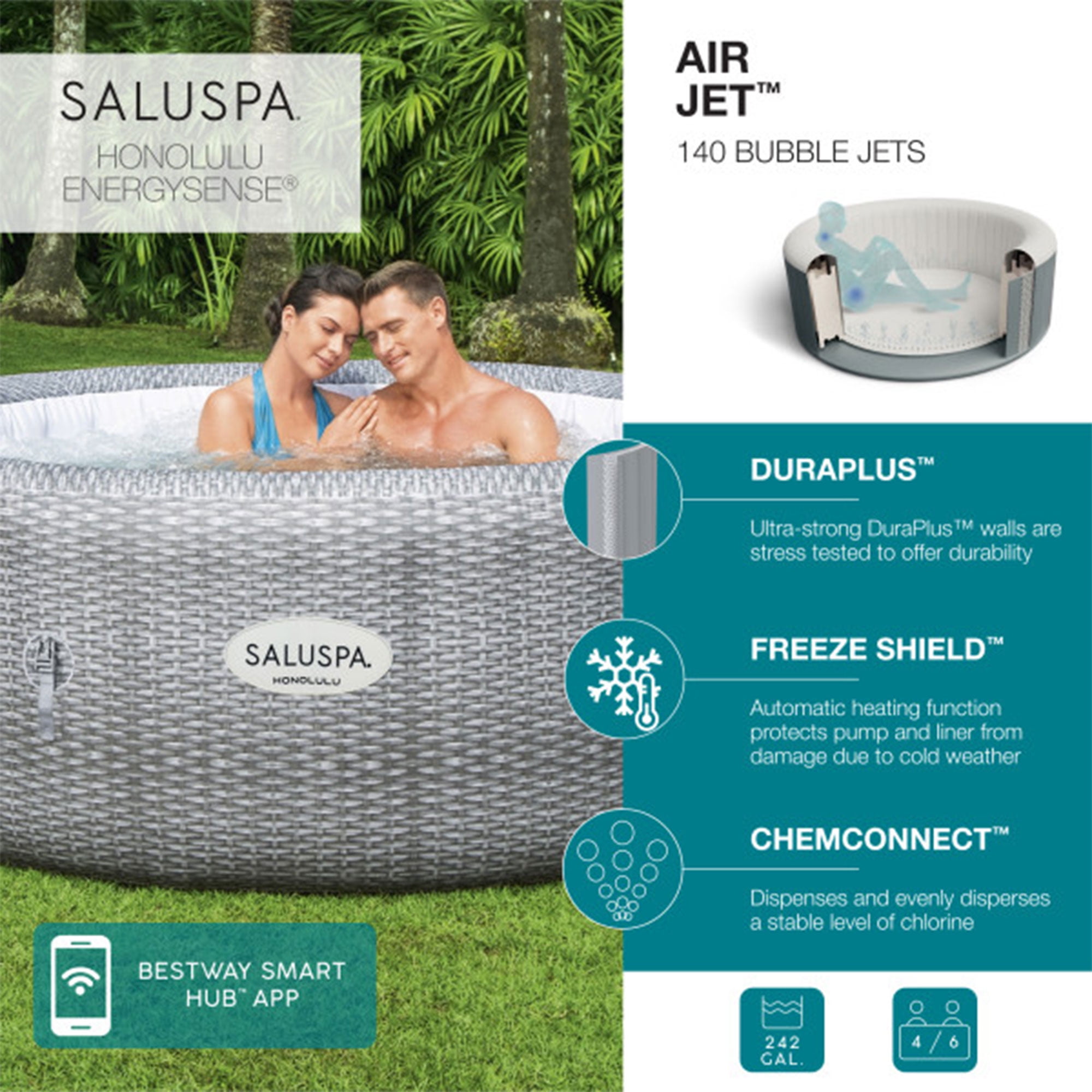 Bestway Coleman Honolulu Hot Tub with 6 SaluSpa Seat & 6 Headrest Pillows