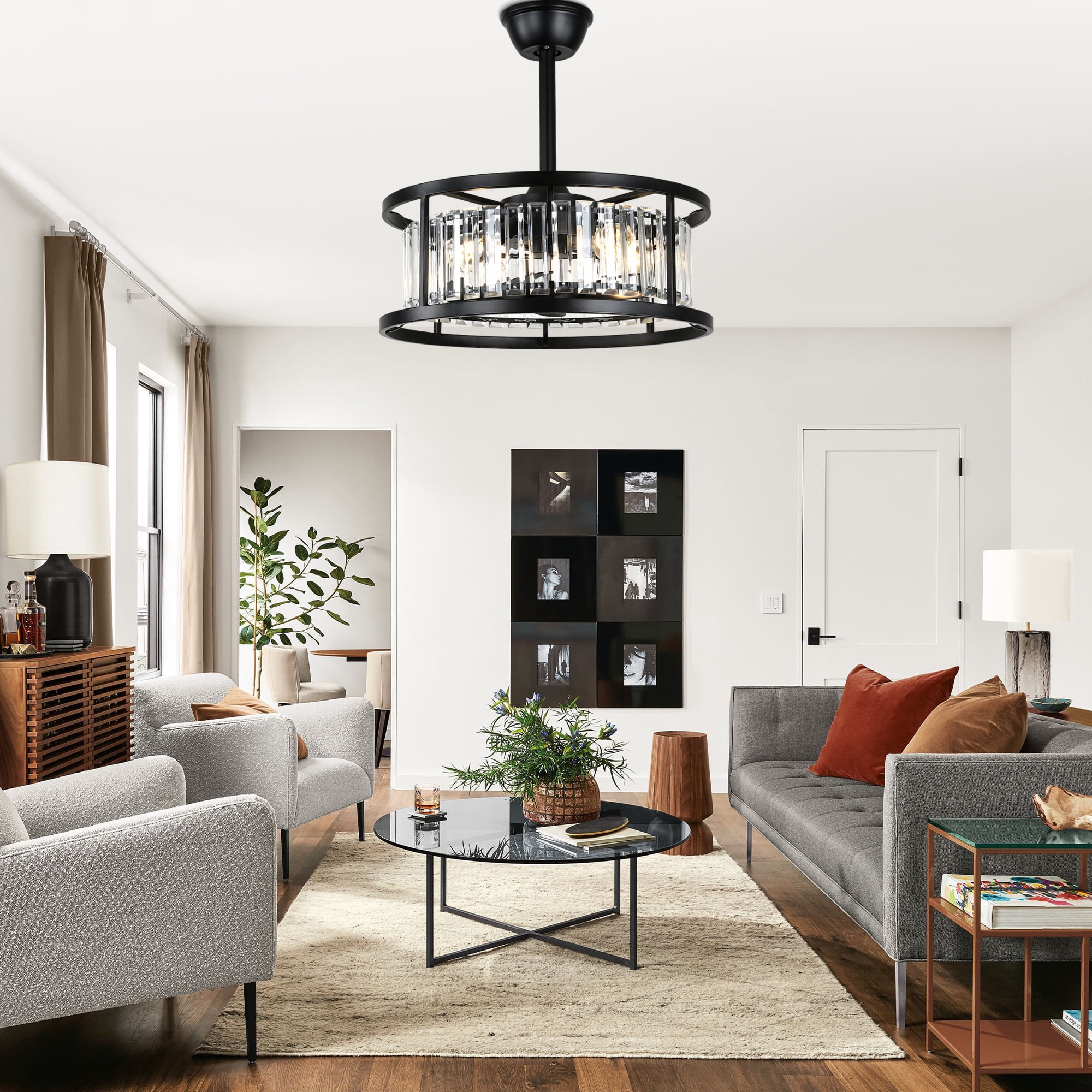 Chords Attic 20" Matte Black Crystal Ceiling Fan with Light and Remote Control, 6-Speed DC Motor for Living Room, Bedroom, Dining Room