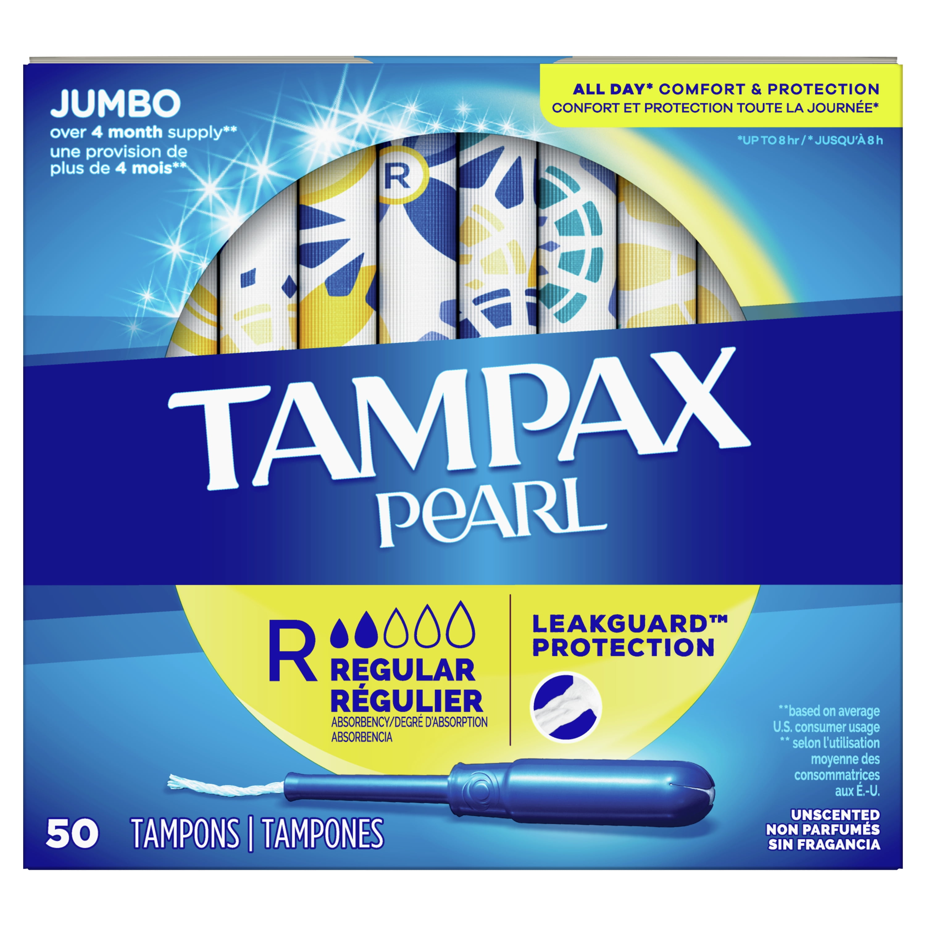 Tampax Pearl Regular Absorbency Plastic Tampons, Unscented, 50 ct