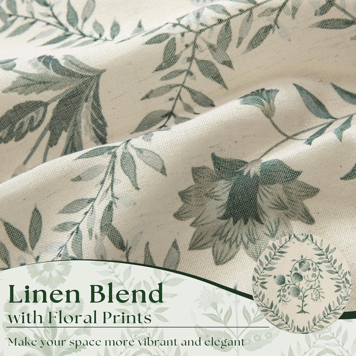 Green Farmhouse Curtains 90 Inch Length for Living Room Spring Light Filtering Back Tab Sage Greyish Green Leaf Flower Patterned Linen Curtains French Country Cottagecore Shabby Chic Floral Drapes