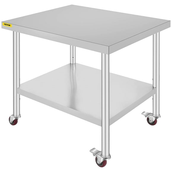 Mesa de trabajo de acero inoxidable VEVOR 30 x 36 x 34 pulgadas estante ajustable de 3 etapas con 4 ruedas