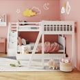 thumbnail image 2 of Twin over Full L-Shaped Bunk Bed, L-Shaped Triple Beds with 3 Drawers, Ladder & Storage Staircase, Solid Wood Bunk Bed with Full Length Guardrail for Teens, No Spring Box Needed, White, 2 of 9