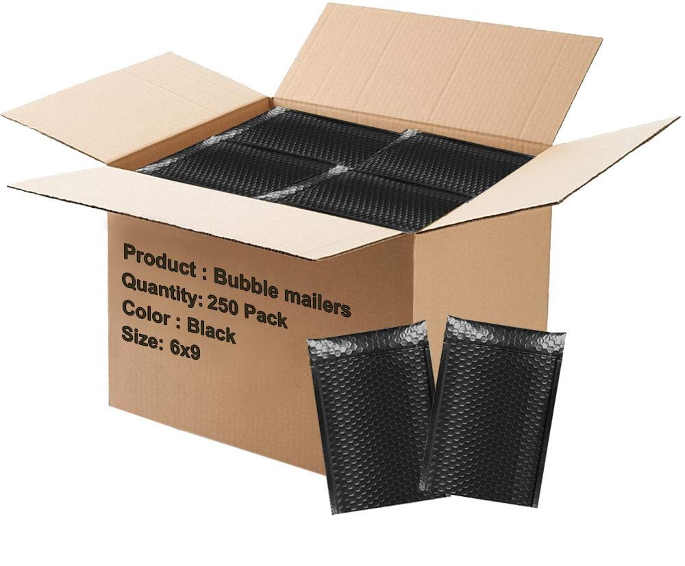 250 Pack Bubble mailers 6x9. Padded envelopes 6 x 9. Glossy Black