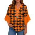 thumbnail image 4 of WTOBBY Women's Halloween Printed V-Neck 3/4 Sleeve Casual Shirt Loose Fit Blouse Tunic Top with Asymmetrical Hem for Fall Holiday Party,Orange 2XL, 4 of 5