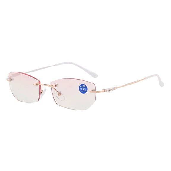 White Rimless Anti-Blue Light Reading Glasses Sunglasses for Women Fashion Readers Frameless Gradient Pink Lenses Metal Presbyopia Glasses 1.00