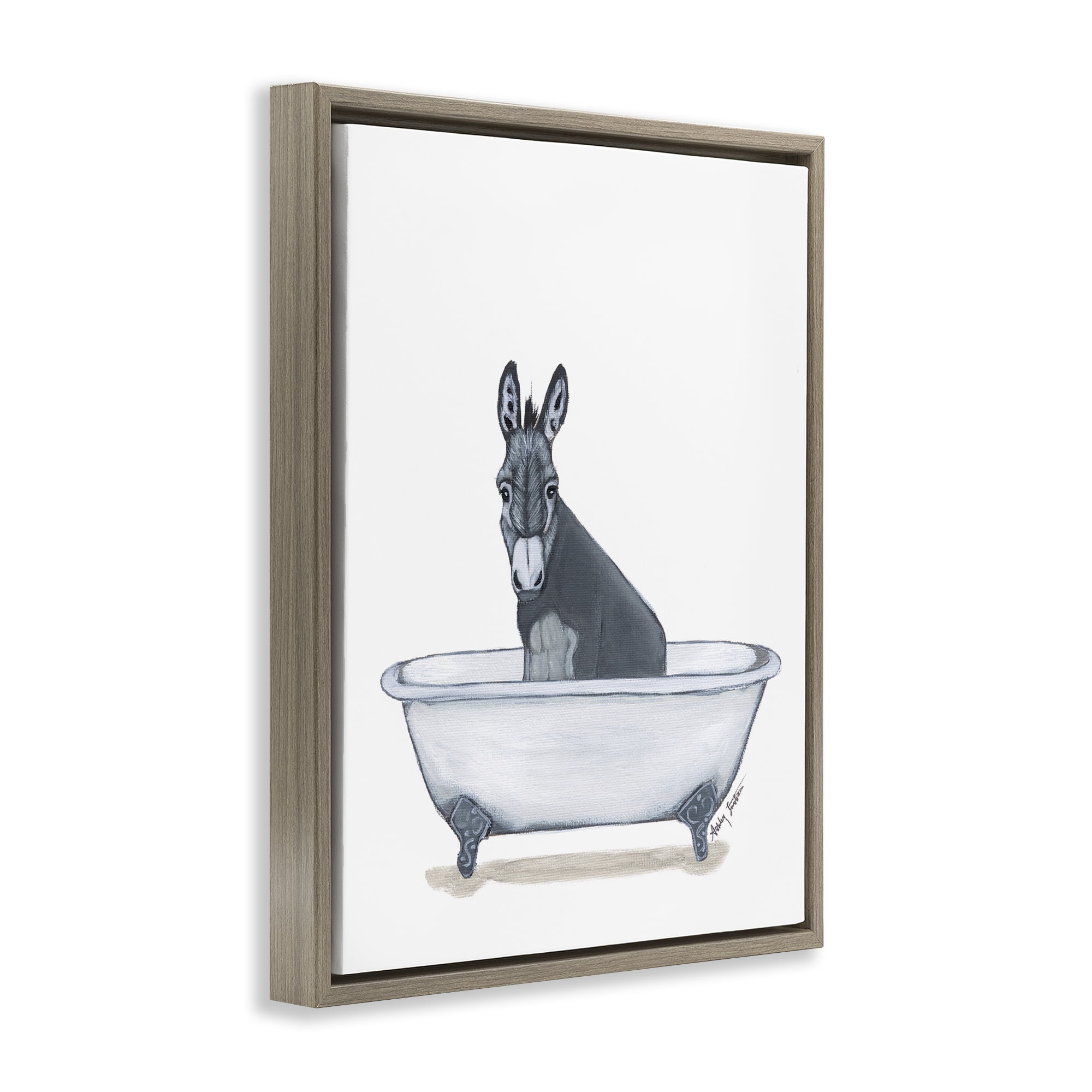 Stupell Industries Donkey in Tub Sketch Bath & Laundry Painting Brown Floater Framed Canvas Art Print Wall Art, 25 x 31