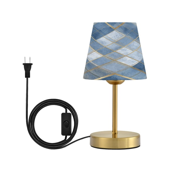 Cone Desk Lamp Antique Bronze Base & Linen Shade Bedside Table Lamp for Bedroom Living Room, Office, Dorm Blue Plaid Pattern Small