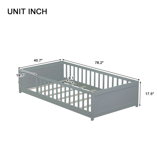 Bellemave Twin Size Floor Bed with Fence, Montessori Floor Twin Bed with Built-in Book Rack, Solid Wood Twin Bed with Slats and Safety Guardrails, Grey