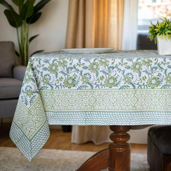 Sage Green and White Indian 60x90 Inches Hand Block Printed Floral Tablecloth, Wedding Home Party Event Restaurant Patio Outdoor Gift Dinner