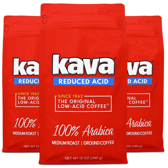 Kava Low Acid Ground Coffee – Medium Roast Arabica, Stomach Friendly, Kosher, 12 oz Bag (Pack of 3)