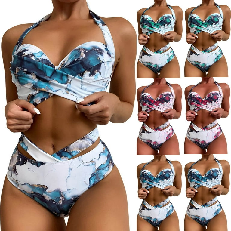 EINCcm High Waist Bikini Set Push Up Swimsuit Bathing Suit Swimsuits For Women 2 Piece Hawaiian Tropical Print Swim Cami Bra And Ruffles Bathing Sets Beachwear Blue S Walmart
