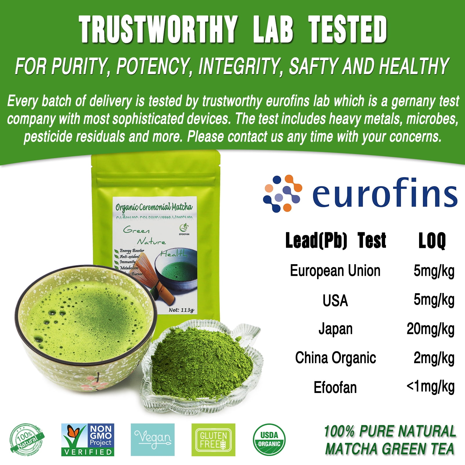 EFOOFAN Ceremonial Grade Matcha Green Tea Powder, 4oz, USDA Certified Organic Macha Lette Powder