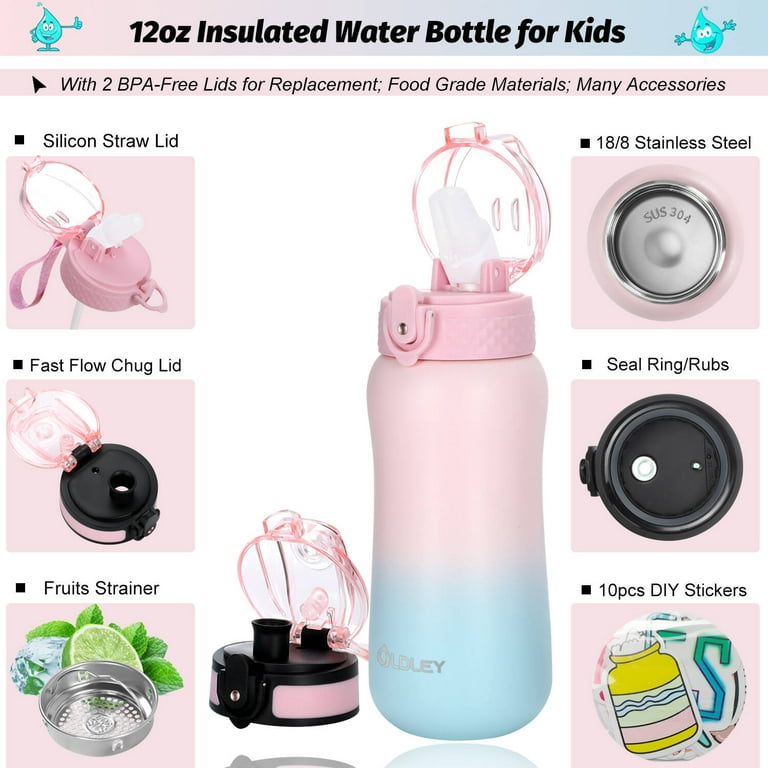Kids Water Bottle 12oz Stainless Steel w/ Straw Vacuum Double Wall