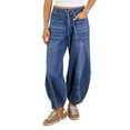 thumbnail image 2 of Women Stretch Drawstring High Waisted Jean Loose Wide Leg Baggy Denim Pants Deep Blue M, 2 of 7