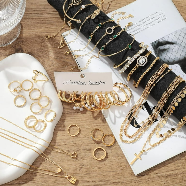 50 PCS Golden Jewelry Set for Women, Dainty Dangle Earrings, Stackable Ring, Multi-Layered Bracelet Necklace Valentine Anniversary Fashion Party Jewelry Pack Gift for Her - Walmart.com