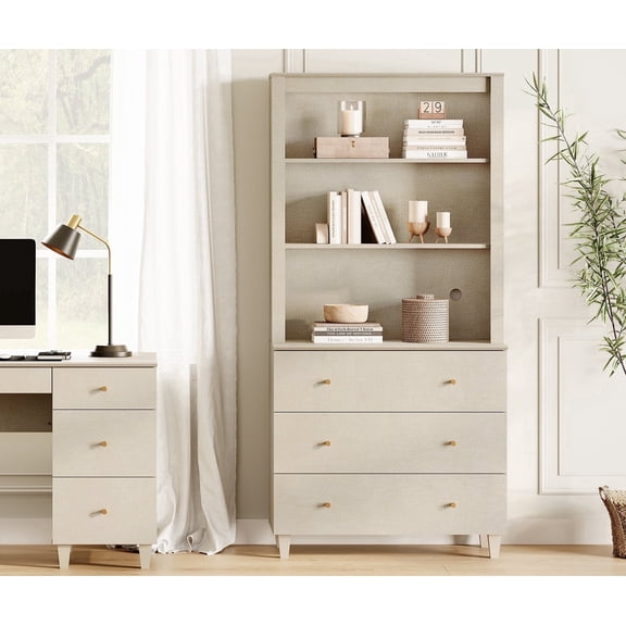 WAMPAT Modern 71" Tall Bookcase with 3 Drawers & Open Shelves, 3-Tier Bookshelf with Adjustable Shelf for Home Office,Beige