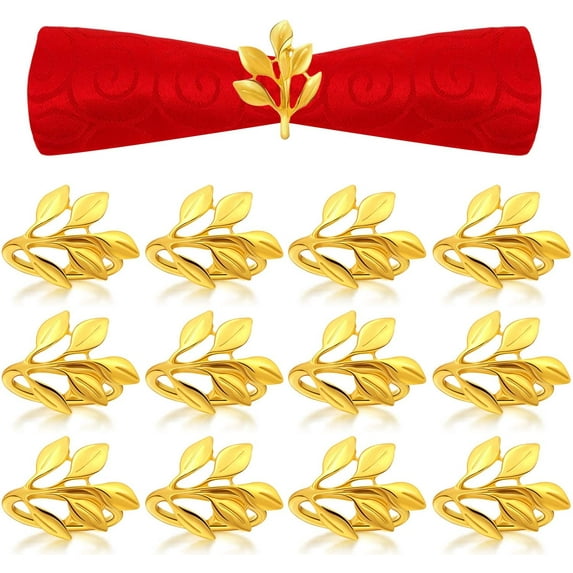 Cheers.US Napkin Rings Set of 12, Leaf Napkin Ring Holders, Bridal Napkins Rings Glossy Napkin Holder Adornment for Vintage Holidays, Dinner Decor Favor