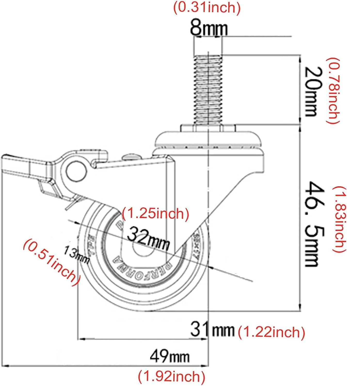 Gamvdout Furniture Casters with Brake 360 Degree Rotating Threaded Stem Caster Wheel M8/M10 for Office Chair Screws Mute I