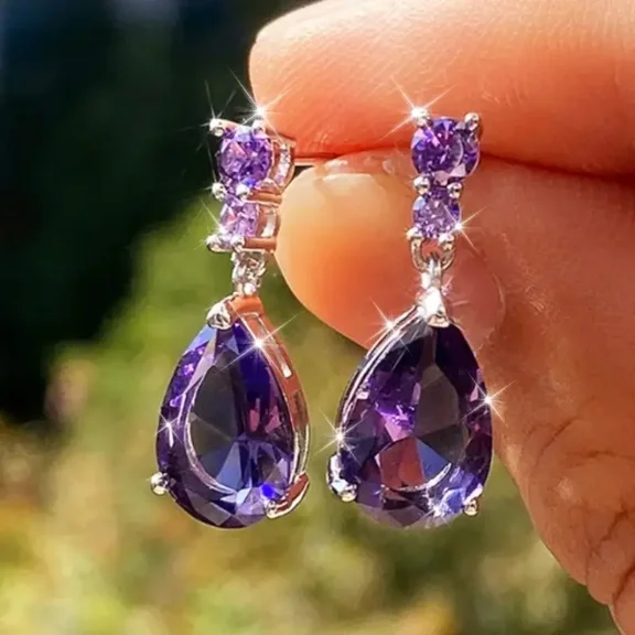 Elegant Teardrop Amethyst Pendant Earrings for Women – Stylish Purple Crystal Drop Earrings, Perfect Jewelry Gift for Weddings, Birthdays, and Anniversaries