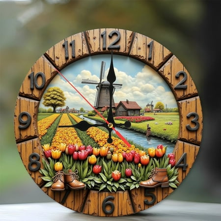 Dutch Windmill Tulips Clock Wall Art 10 Inch Silent Wooden Wall Clock, Battery Operated (AA