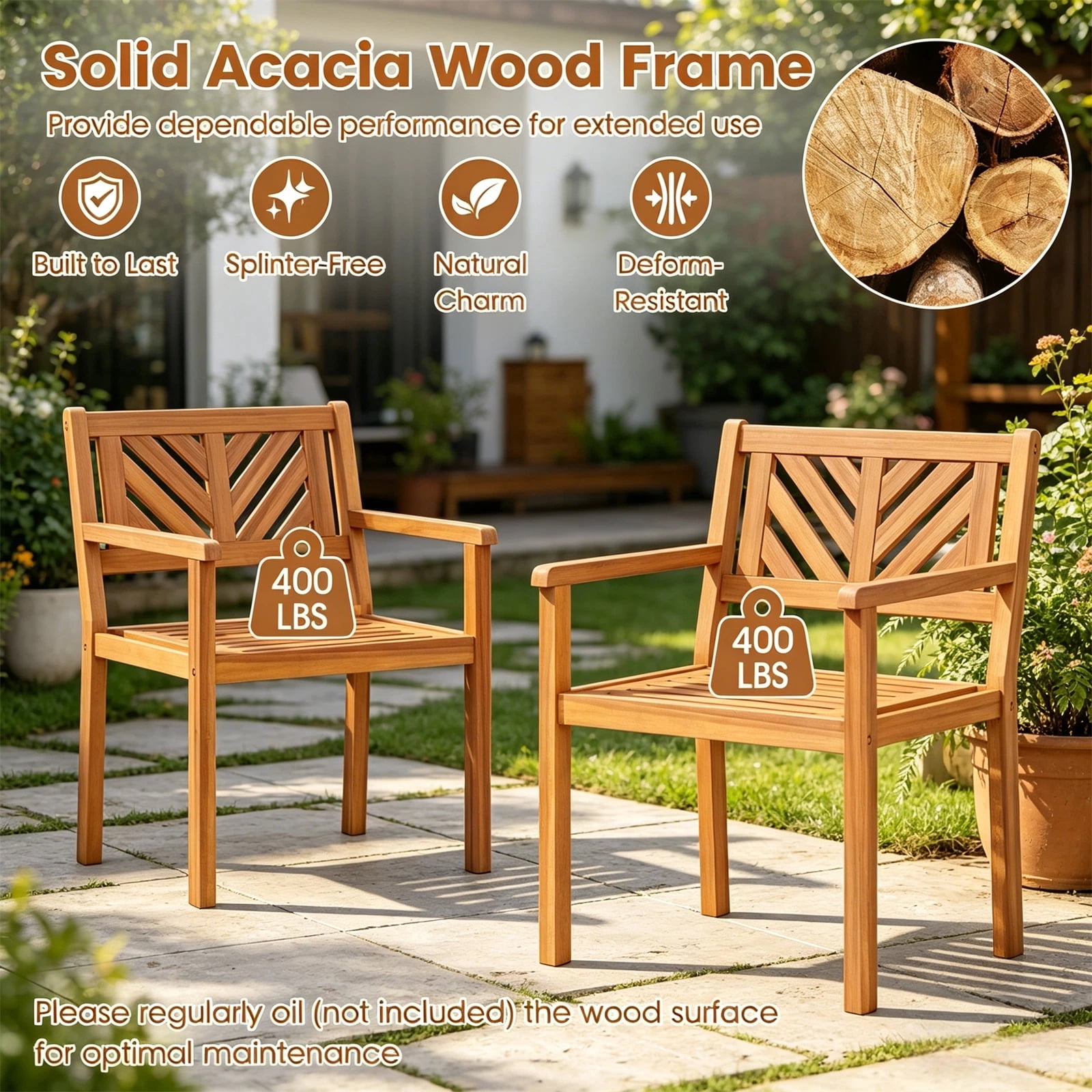 Hommoo Modern Wooden Patio Dining Chair Set of 2, Outdoor Garden Slatted Chair, Natural
