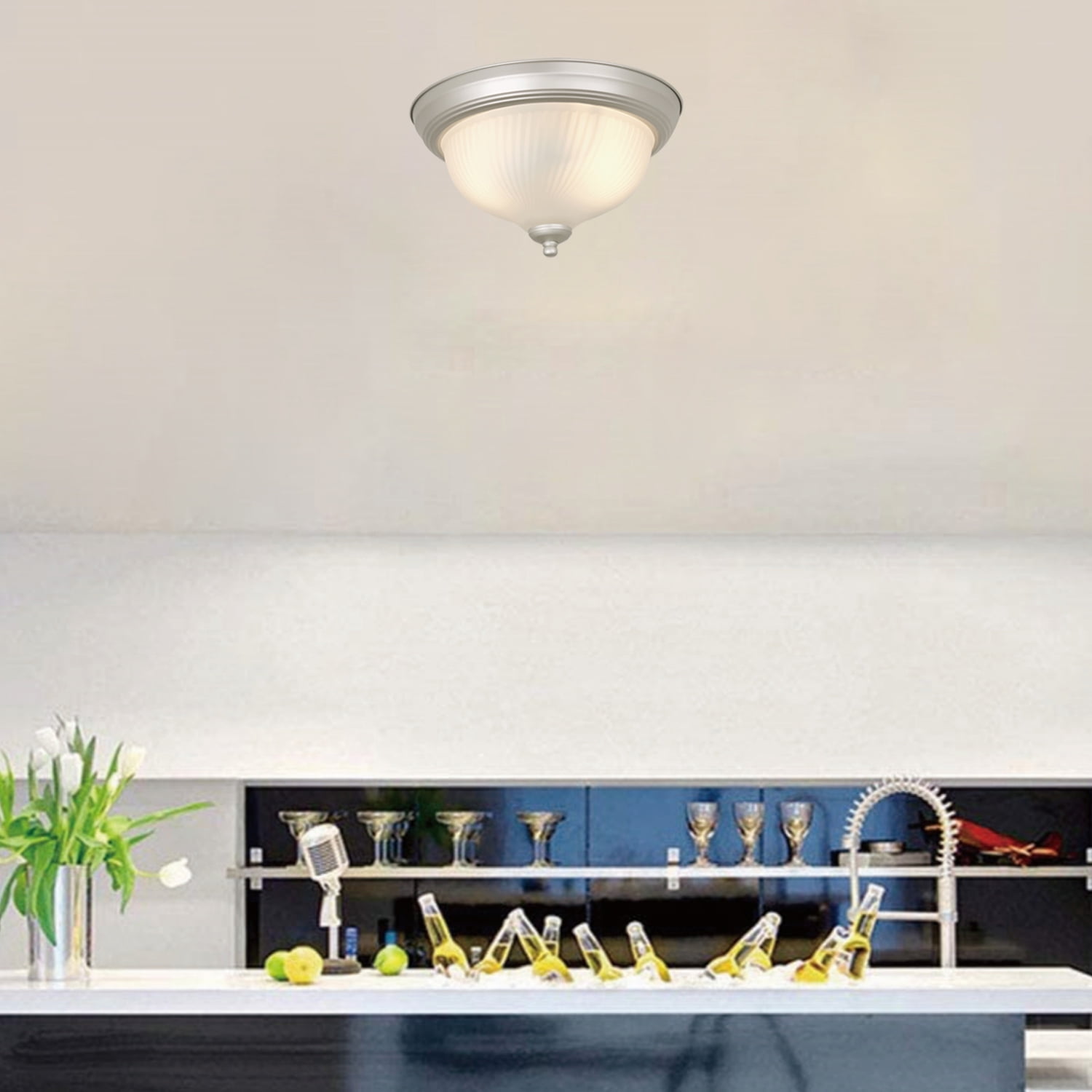 Mainstays 11" Classic Flush Mount Ceiling Light, Nickel Finish Frosted Glass Shade, No Bulb Included