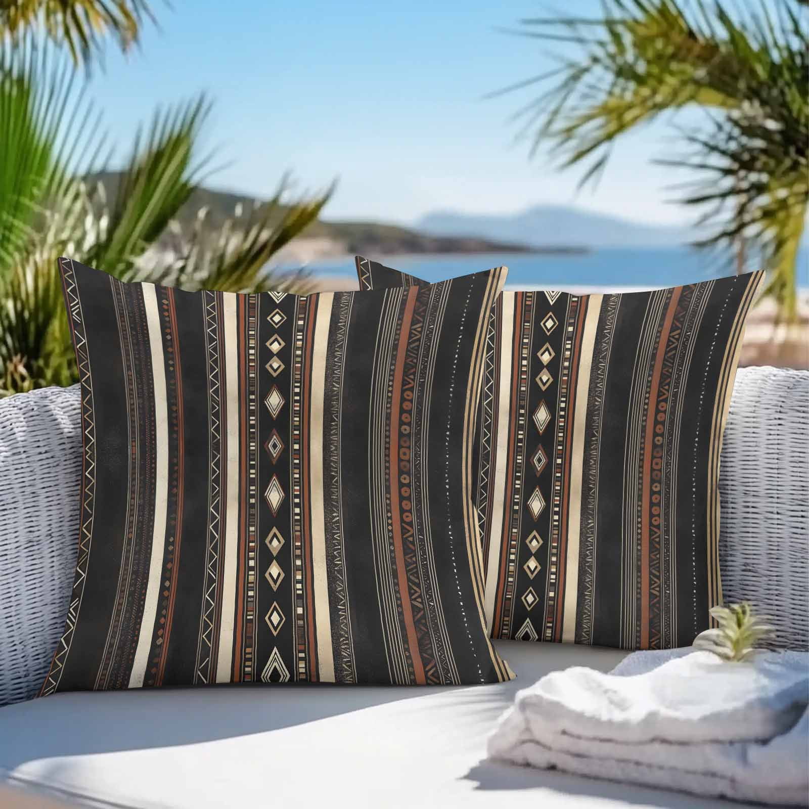Waterproof Throw Pillow Covers Set of 2, 18x18 Inch Black Beige Boho Decorative Pillowcases Outdoor Pillow Slip Cushion Covers Set for Couch Tent Vintage Abstract Geometric Ethnic