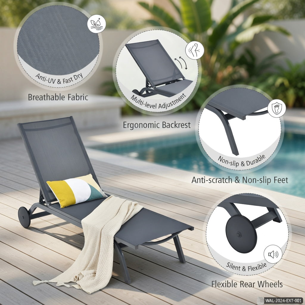 Hommoo 6-Position Adjustable Aluminum Outdoor Recliner Chair, Fabric Patio Lounge Chair for Poolside, Backyard & Balcony, Gray