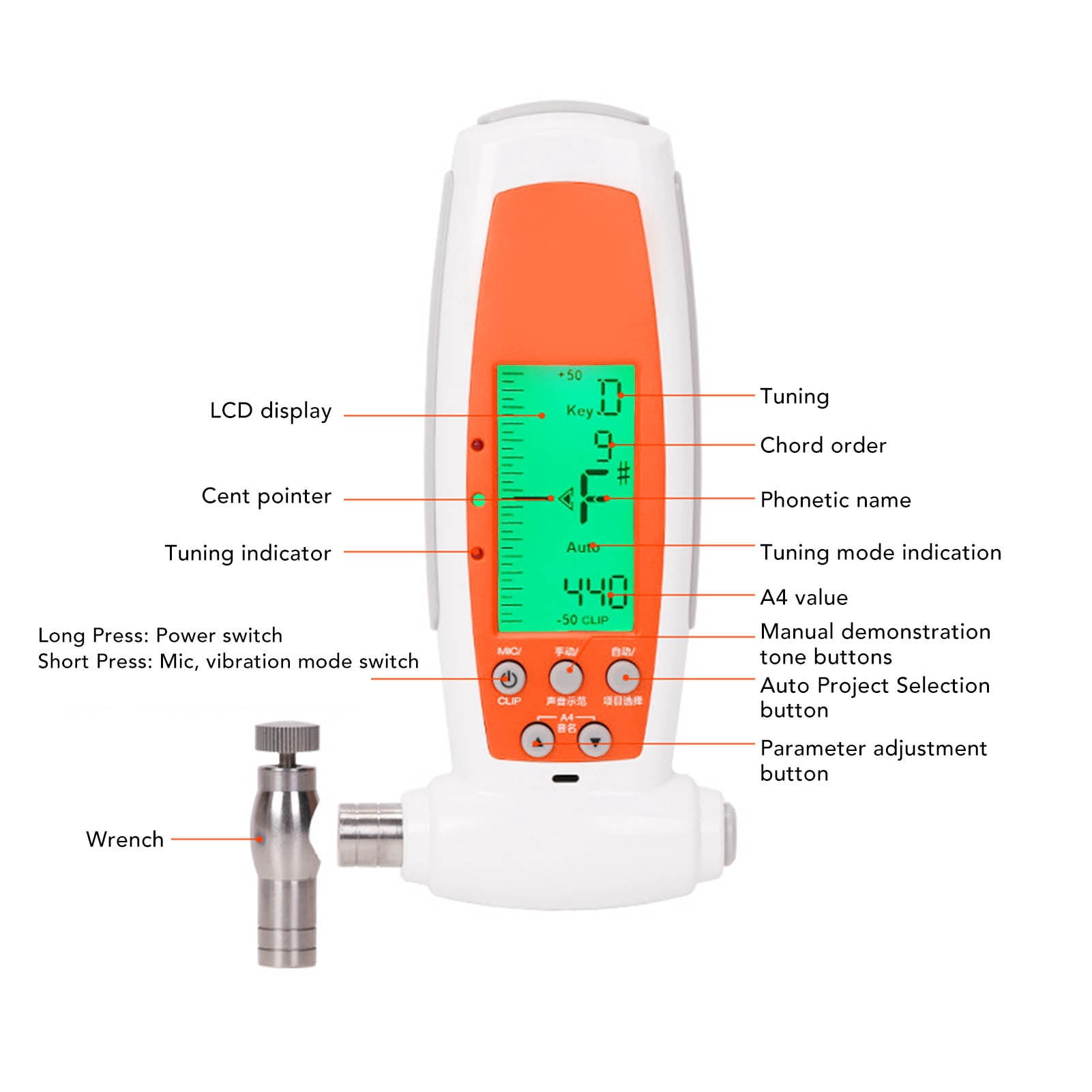 Riousery Guzheng Electronic Tuner Sensitive High Accuracy Large Screen Tuning Wrench Musical Instrument Adjuster Portable Professional Setup Tool for Beginners and Experts, Orange Color