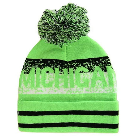 Michigan Pixelated Adult Size Winter Knit Pom Beanie Hat (Green)